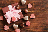 Chocolate candy hearts. Gift for a holiday. Date on Valentines Day