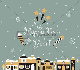 Happy new year Greeting Card, winter town.