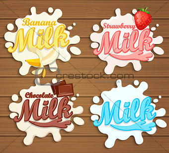 Milk labels splash on wood background.