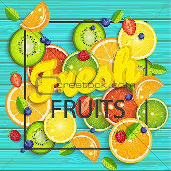 Blue wooden background with tropical fruits.