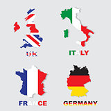 Germany, Italy, France, UK colorful maps and flags