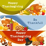 Happy Thanksgiving Day. Vector banners with traditional table plenty of food, roasted turkey, cornucopia with pumpkins, fruits and vegetables. Decoration for thanksgiving greeting cards