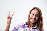 Girl showing v-sign with right hand