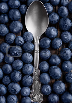 Blueberries around spoon close up photo