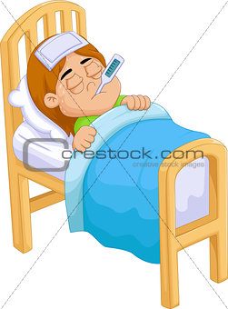 cartoon Sick girl in bed