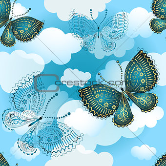 Seamless spring pattern with butterflies and clouds