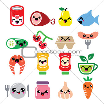 Kawaii cute food characters - meat, vegetables, fruit icons set