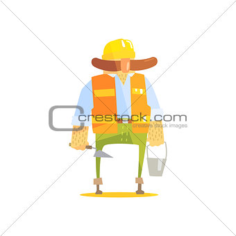 Builder With Trowel And Bucket On Construction Site