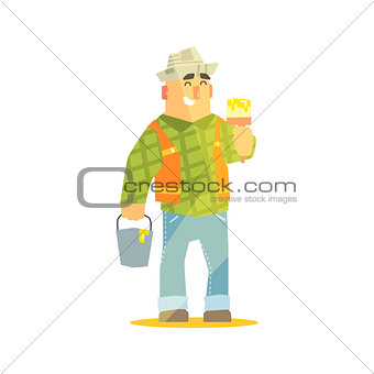 Builder With Paintbrush And Bucket On Construction Site
