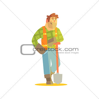 Builder Leaning On Spade  Construction Site