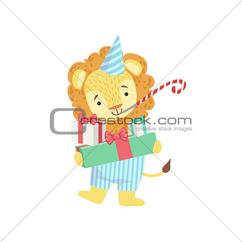 Lion Cute Animal Character Attending Birthday Party
