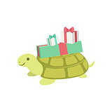 Turtle Cute Animal Character Attending Birthday Party