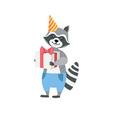Raccoon Cute Animal Character Attending Birthday Party