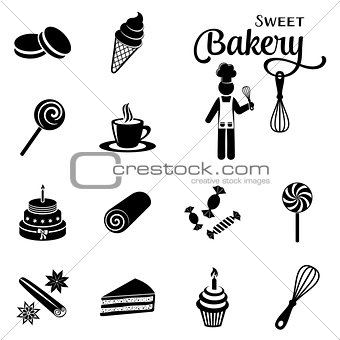 Bakery and sweets silhouette icons collection