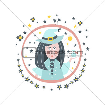 Witch Fairy Tale Character Girly Sticker In Round Frame