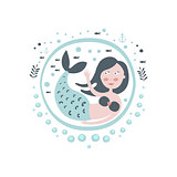 Mermaid Fairy Tale Character Girly Sticker In Round Frame