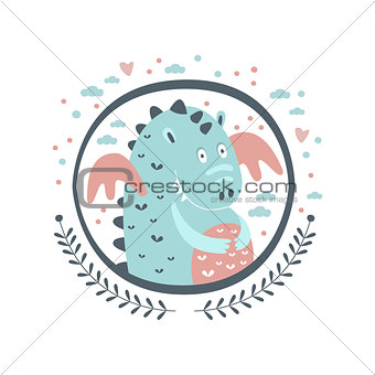 Chubby Dragon Fairy Tale Character Girly Sticker In Round Frame