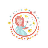 Crowned Princess Fairy Tale Character Girly Sticker In Round Frame