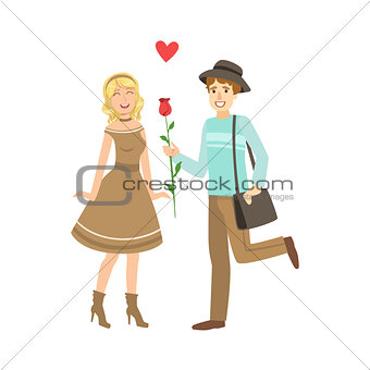 Couple In Love, Man Presenting A Rose