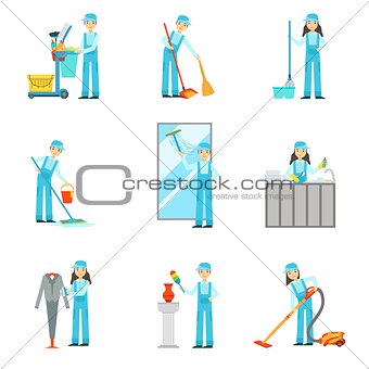 Workers Providing Cleaning Service In Blue Uniform Set Of Illustrations