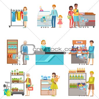 People Shopping In Supermarket Set Of Illustrations