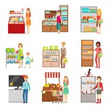 People Shopping In Department Store Set Of Illustrations