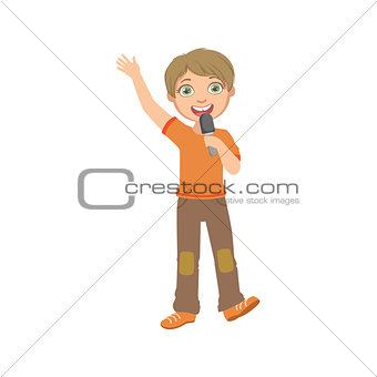 Boy In Orange T-shirt Singing In Karaoke