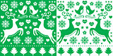 Christmas green greetings card pattern with reindeer - folk art style