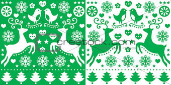 Christmas green greetings card pattern with reindeer - folk art style