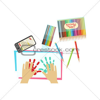 Child Painting With Palms Illustration  Only Hands Visible From Above