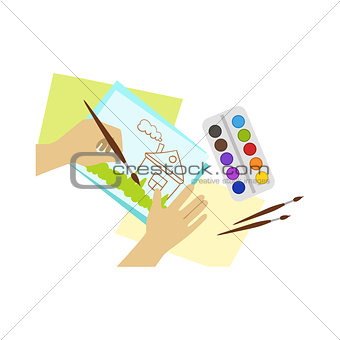 Child Painting House Illustration With Only Hands Visible From Above