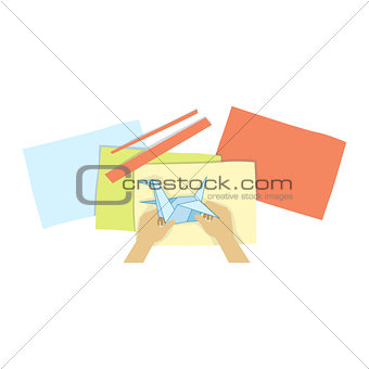 Child Doing Origami Illustration With Only Hands Visible From Above