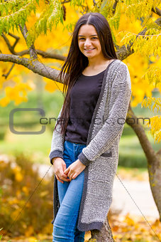 portrait of pretty teen girl in autumn park  