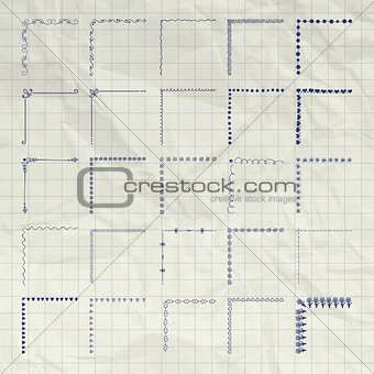 Vector Decorative Pen Drawing Outlined Corners on Crumpled Paper