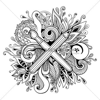 Black and white hand drawn abstract kaleidoscope vector illustration. Zentangle or adult coloring page