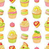 Various bright colorful fruit desserts. Seamless vector pattern on white background.