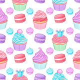 Various cute bright colorful blue, pink and purple desserts. Seamless vector pattern on white background.
