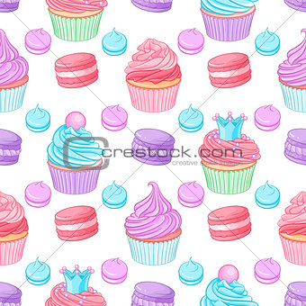 Various cute bright colorful blue, pink and purple desserts. Seamless vector pattern on white background.