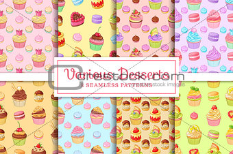 Set of 8 seamless vector patterns of desserts cupcakes, macaroons, profiteroles, meringues and tarts.