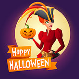 Woman in pirate costume. Vector card with text.