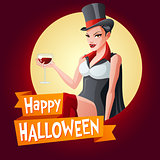 Woman in vampire costume. Vector card with text.