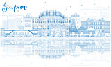 Outline Jaipur Skyline with Blue Landmarks and Reflections.