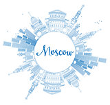 Outline Moscow Skyline with Blue Landmarks and Copy Space.