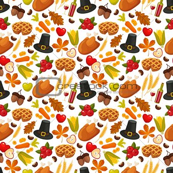 Thanksgivin day seamless background.Symbols of thanksgiving day and family traditions elements for holiday design on white background. Retro cartoon style vector illustration