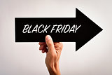 text black friday in an arrow-shaped signboard