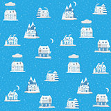 Seamless pattern with decorative colorful houses in winter time. Christmas and New Year holidays City endless background.