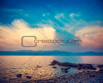 Beautiful Sea and Blue Sky with Clouds at Sunset