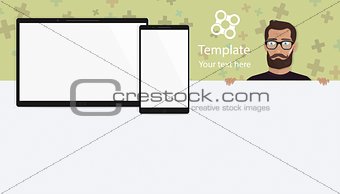 Responsive landing page or one website template. Elements for modern digital tablet PC with mobile smartphone, stylish young people.