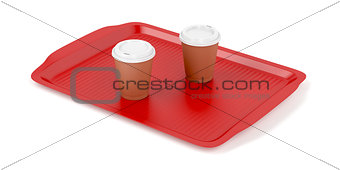 Plastic tray with two coffee cups