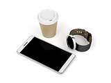 Smartphone, smartwatch and coffee cup